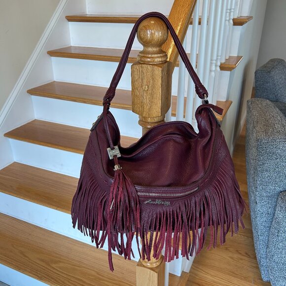 Aimee Kestenberg Burgundy Pebble Leather Fringe Hobo VERY GOOD CONDITION! - Picture 1 of 11